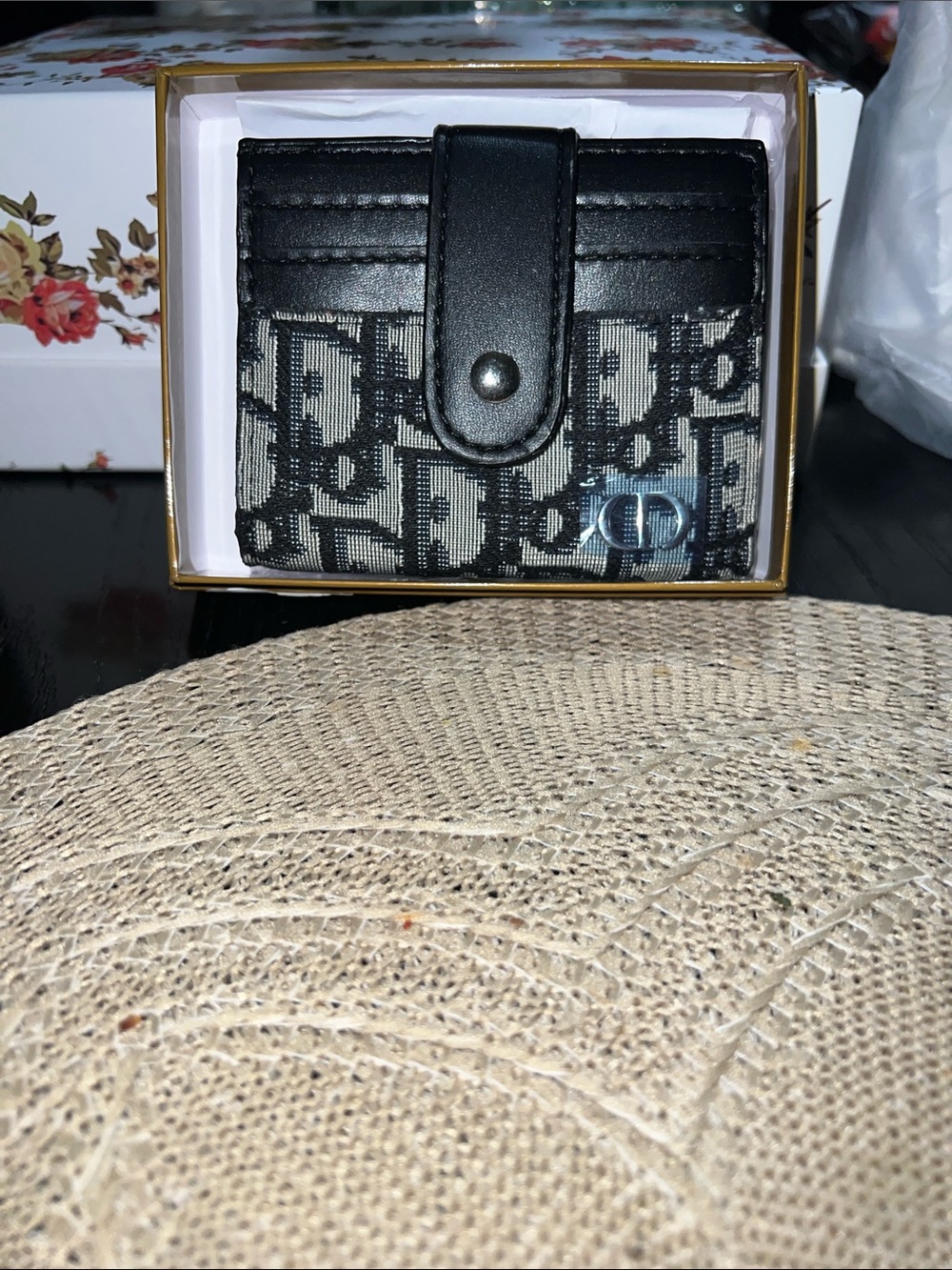Black Patterned Card & Key Holder with Snap Strap